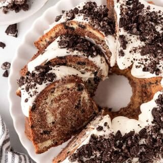 Oreo pound cake overhead with slices cut