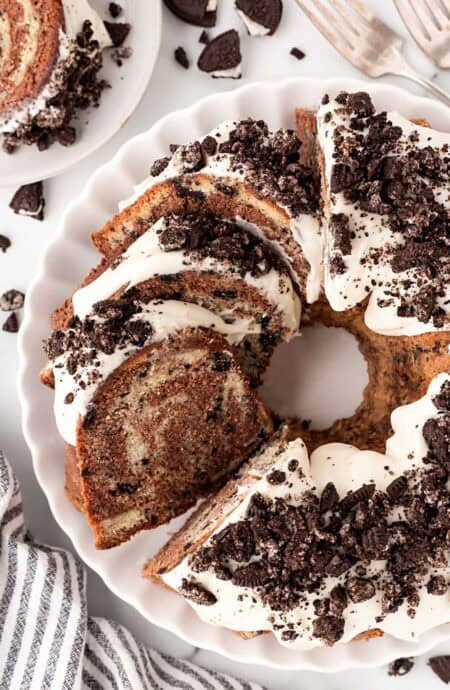 Oreo pound cake overhead with slices cut