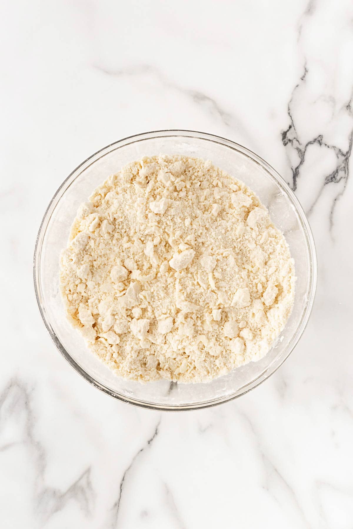 Flour mixture with butter cut in, forming a crumbly texture