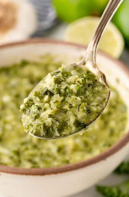 Spoonful of homemade chimichurri sauce lifted from a serving bowl