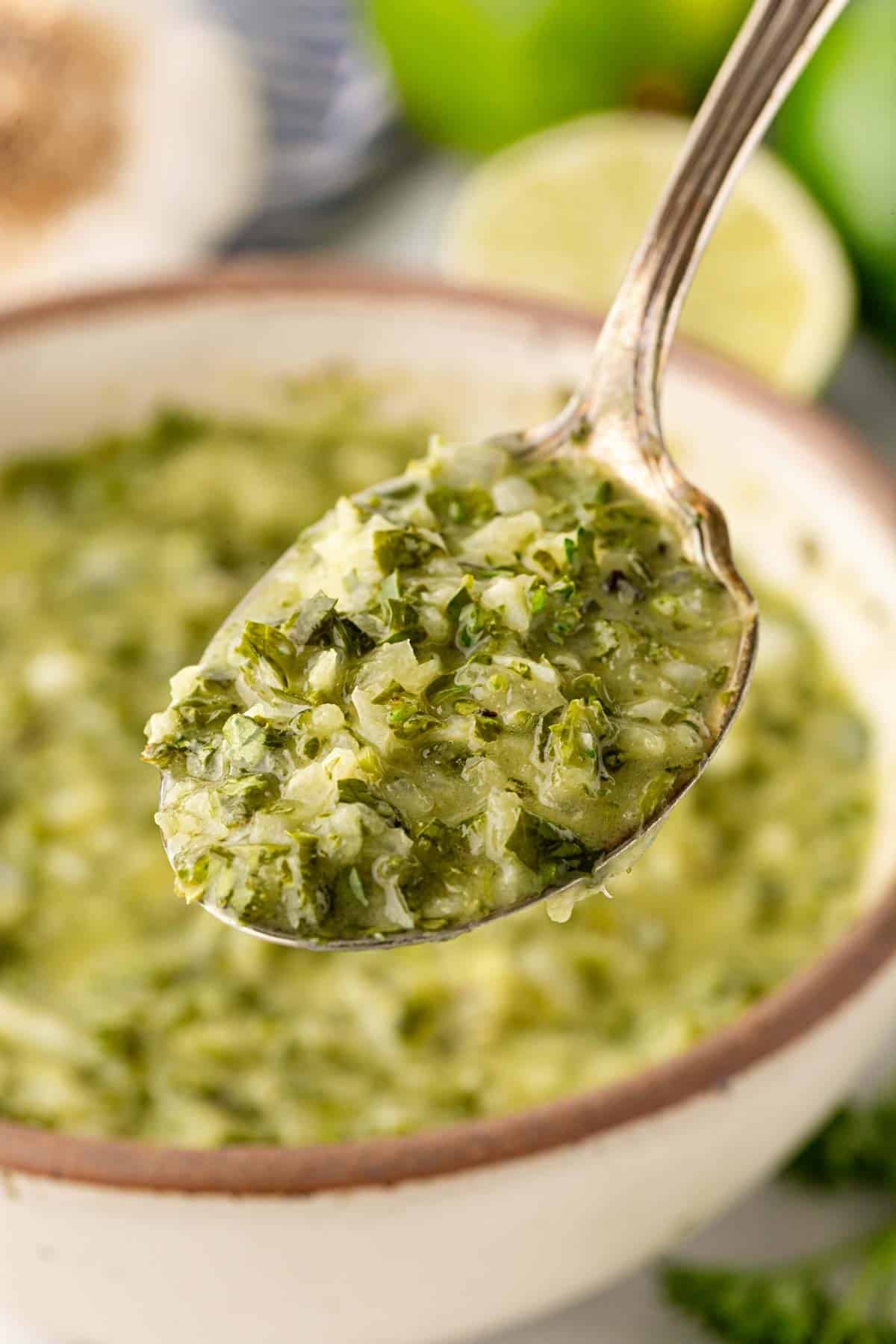 Spoonful of homemade chimichurri sauce lifted from a serving bowl