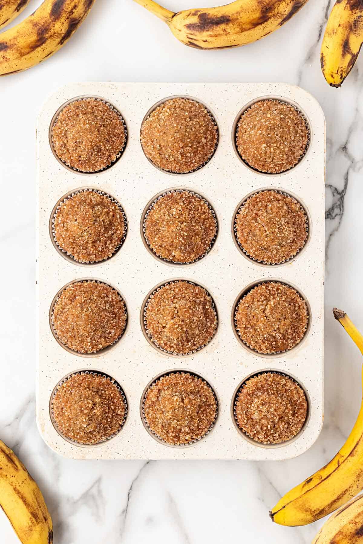 Freshly baked banana muffins in a muffin pan with ripe bananas in the background