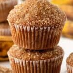 Stack of two banana muffins with crunchy sugar tops