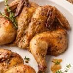 Closeup of a roasted Cornish hen with crispy, seasoned skin, surrounded by fresh thyme and roasted garlic on a white platter