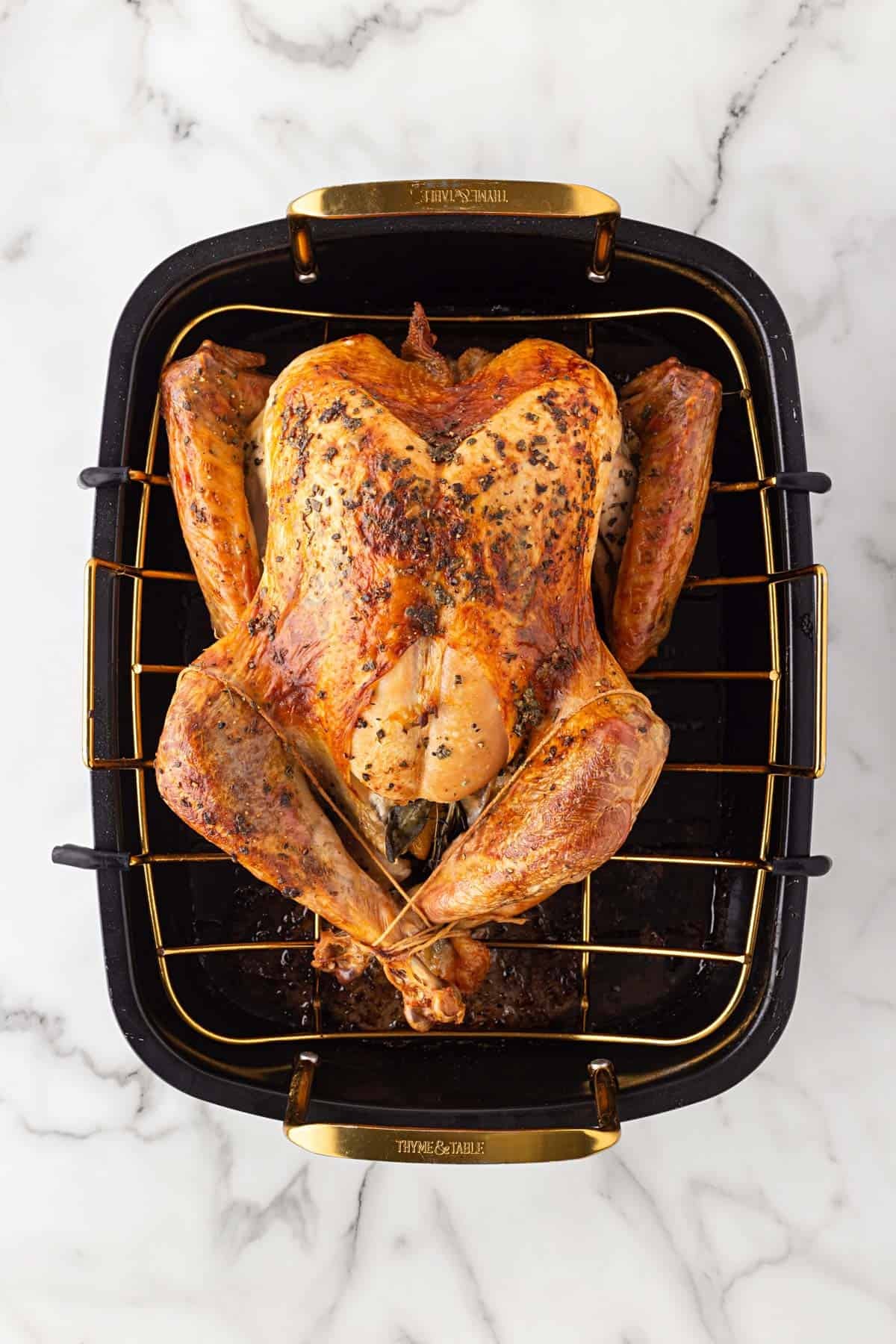 Golden-brown oven roasted turkey with crispy, herb-seasoned skin and tied legs in a black roasting pan with a gold rack